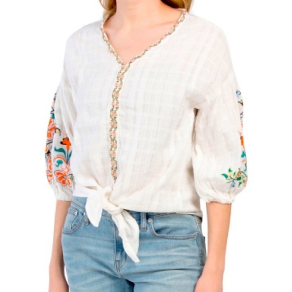 Max Studio peasant embroidered boho blouse ASO Bella Swan Sz Med - Picture 4 of 16